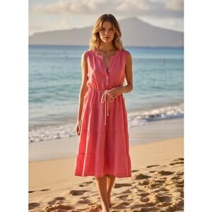 FINLEY Vibrant Pink Petra Linen Midi Dress Size XL Sleeveless Tiered tie waist